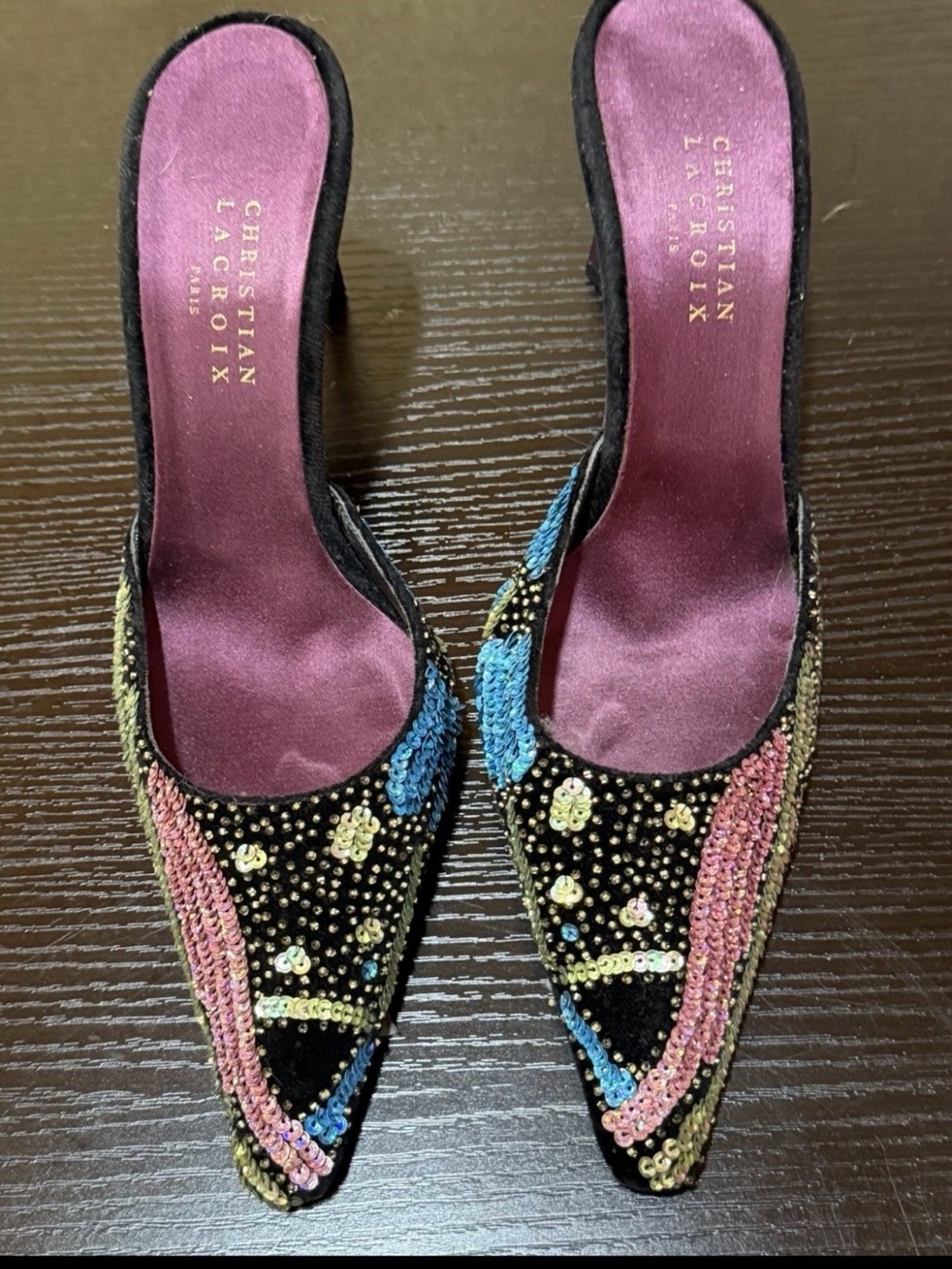 Christian Lacroix Black Velvet Pointed Sequin Mules with Pink Blue Gold Accents